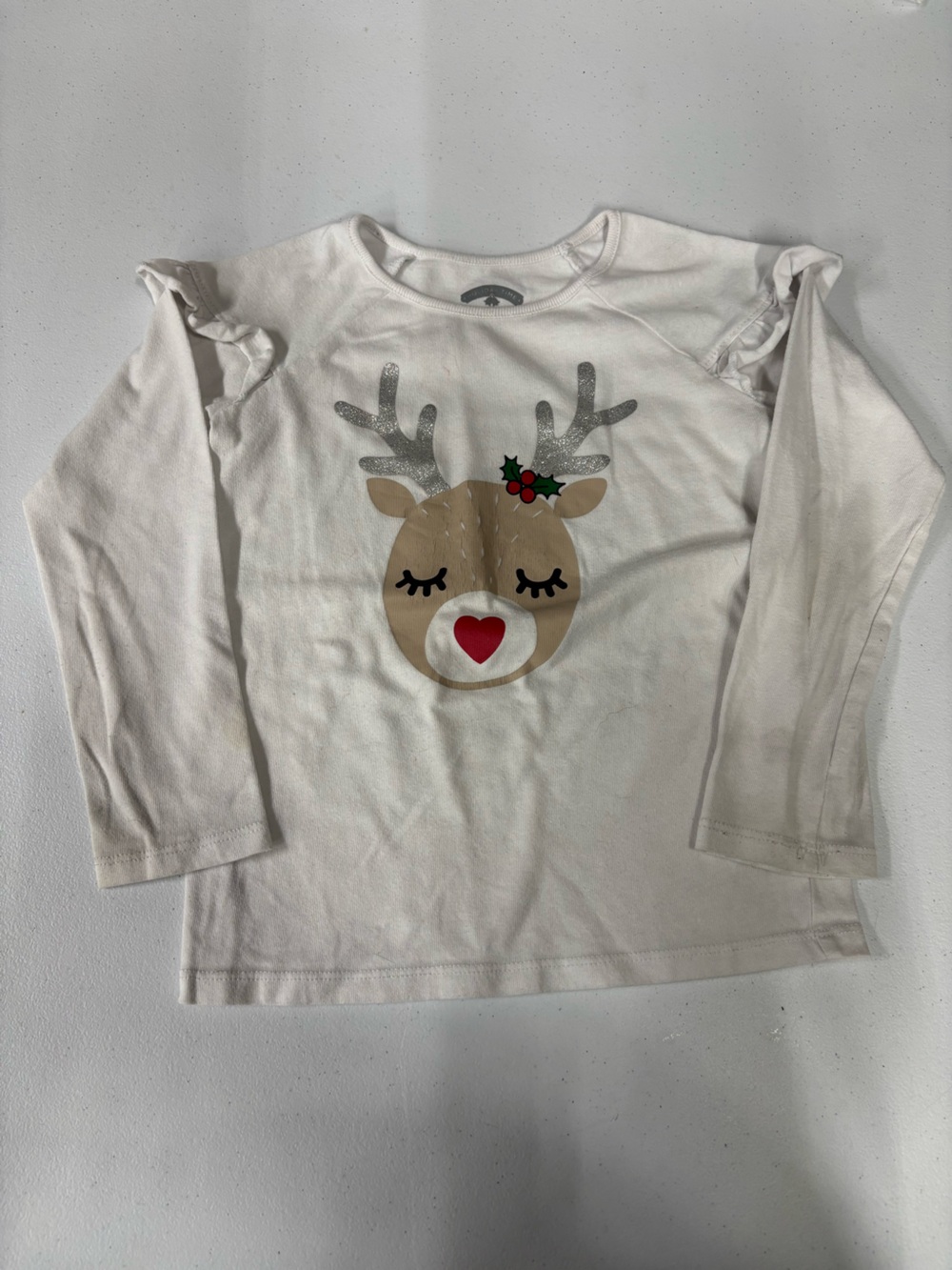 Holiday Time Cream Long-Sleeve Reindeer Tee with Glitter Antlers